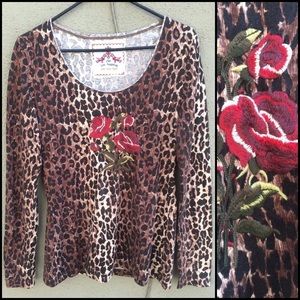 Johnny Was Leopard Rose Embroidery Long Sleeve Tee